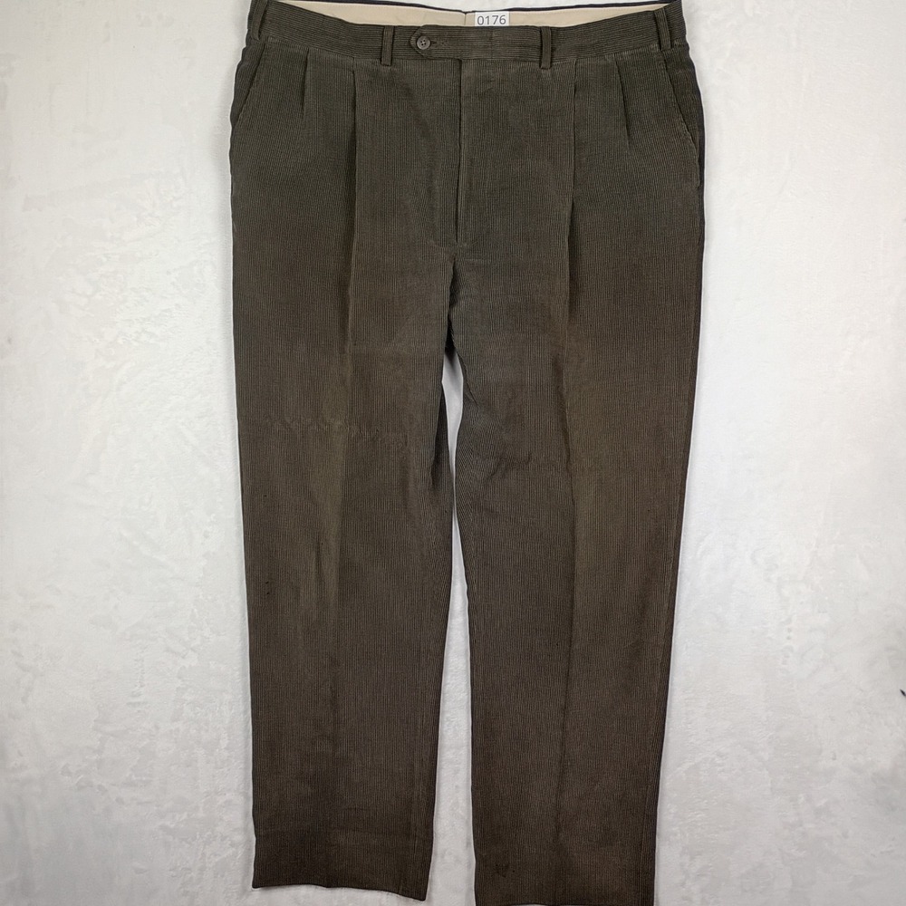 Berle Mens Brown Corduroy Pleated Trousers Straight Leg Pants 40R Olive Drab